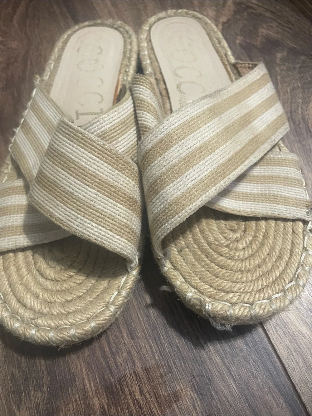 CCOCCI Tan and Cream Striped Espadrille Slide Sandals